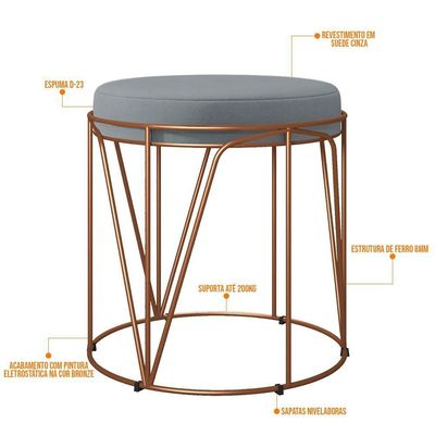 Puff Decorativo Aramado Bronze Zaya L02 Suede Cinza