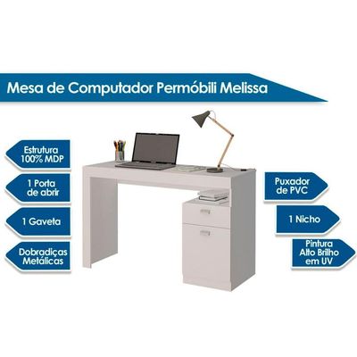 Mesa de Computador Melissa c/ 1 Porta e 1 Gaveta Branco - Permóbili