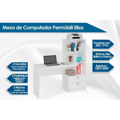 Mesa de Computador Elisa c/ 2 Gavetas e 6 Nichos Branco - Permóbili