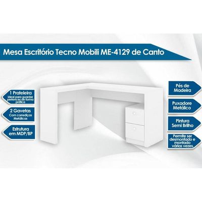 Mesa Canto p/Escritório ME4129 c/ 2 Gavetas Branco - Tecno Mobili