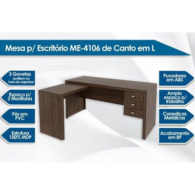 Mesa Canto p/Escritório ME4106 c/ 3 Gavetas Amêndoa - Tecno Mobili