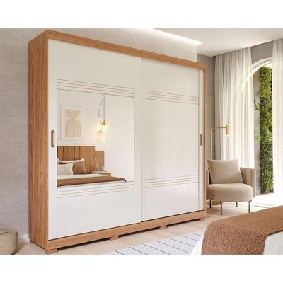 Guarda Roupa Casal 2 Portas de Correr e 4 Gavetas c/ 1 Espelho Blumenau Cinamomo/Off White - Panan