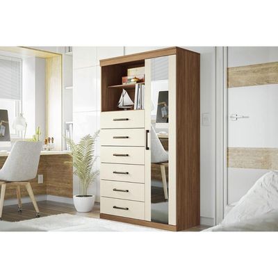 Cômoda de Quarto Marabá 1.6 c/ 1 Porta 2 Nichos e 6 Gavetas c/ Espelho jatoba/Areia - Santos Andirá