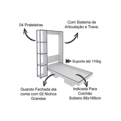 Cama Multifuncional Juvenil Solteiro Articulada Dobrável CM8013 Amêndoa - Tecno Mobili