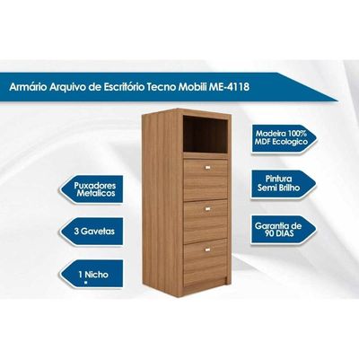 Arquivo de Escritório ME4118 c/ 3 Gavetas e 1 Nicho Amêndoa - Tecno Mobili