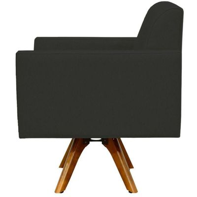Poltrona Giratória Base De Madeira Suede Preto