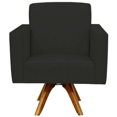 Poltrona Giratória Base De Madeira Suede Preto