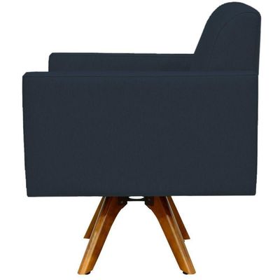 Poltrona Giratória Base De Madeira Suede Azul Marinho