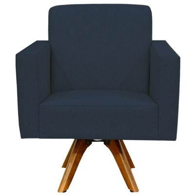 Poltrona Giratória Base De Madeira Suede Azul Marinho