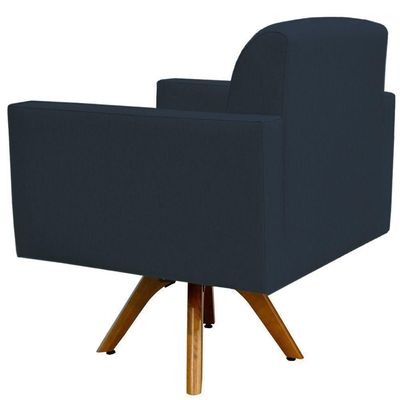 Poltrona Giratória Base De Madeira Suede Azul Marinho