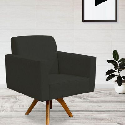 Poltrona Giratória Base De Madeira Suede Preto