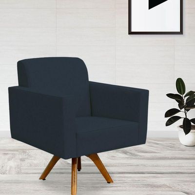 Poltrona Giratória Base De Madeira Suede Azul Marinho
