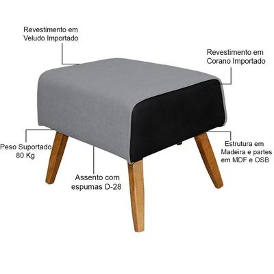 Kit Poltrona Com Puff Linho Cinza C-416 Corano Preto