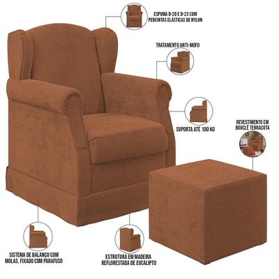 Poltrona De Amamentação Com Balanço E Puff Elisa P02 Bouclê Terracota - Lyam Decor
