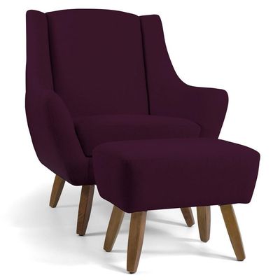Poltrona Com Puff Pés De Madeira Veludo Roxo Grape C-292