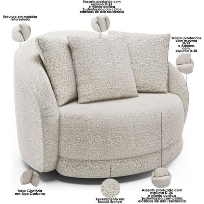 Poltrona Decorativa Para Sala De Estar Base Giratória Witta M03 Bouclê Branco - Lyam Decor