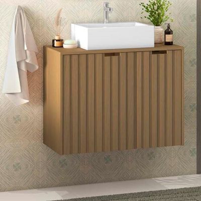 Balcão Gabinete Para Banheiro 80 Cm 2 Gavetas Nogal Amêndoa
