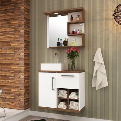 Balcão Gabinete Suspenso Para Banheiro 70cm B06 Branco Nogal