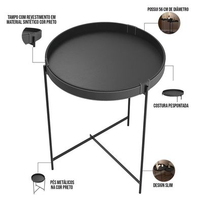 Mesa De Canto Lateral Decorativa Industrial Sala De Estar 56 Cm Sintético Preto P06 Daisy - Lyam