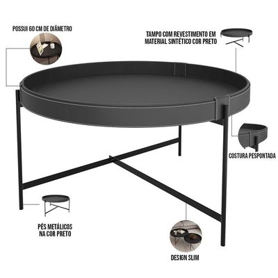 Mesa De Centro Decorativo Sala De Estar 60 Cm Industrial Sintético Preto P06 Aura - Lyam