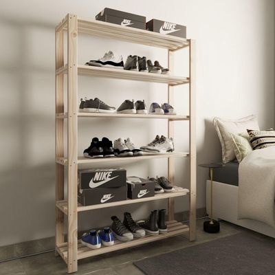 Arara Nova Reforçada E Estante De Chão Minimalista Combo Madeira Natural Sala