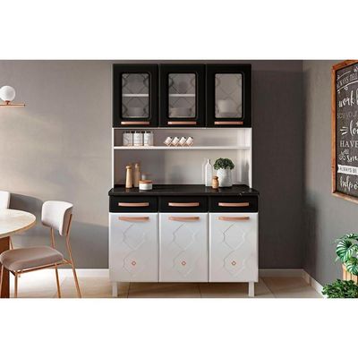 Kit de Cozinha Compacta Mirage New c/ 6 Portas (3 c/ Vidro) e 3 Gavetas 80cm Branco/Preto - Telasul