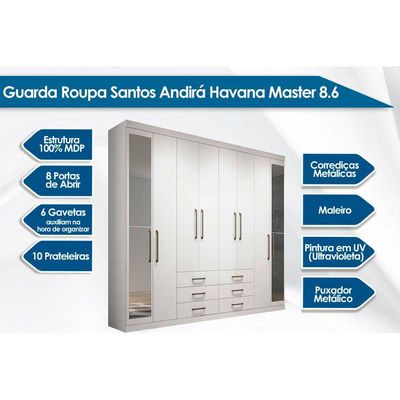Guarda Roupa Casal 8 Portas e 6 Gavetas c/ Espelho e Pés Master 8.6 Atacama - Santos Andirá