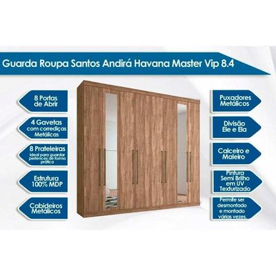 Guarda Roupa Casal 8 Portas e 4 Gavetas c/ Espelho Master Vip 8.4 Branco - Santos Andirá