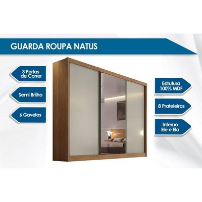 Guarda Roupa Casal 3 Portas de Correr e 6 Gavetas c/ Espelho Natus Branco - Novo Horizonte