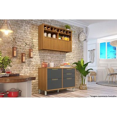 Balcão de Cozinha Modulado  Imperatriz 1 Porta e 4 Gavetas c/ Tampo Freijo/Off White - Nesher
