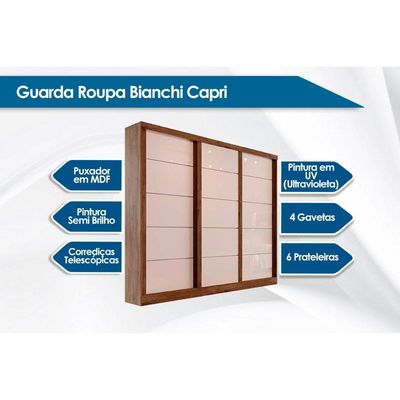 Guarda Roupa Casal 3 Portas de Correr e 4 Gavetas Capri Avelã - Bianchi