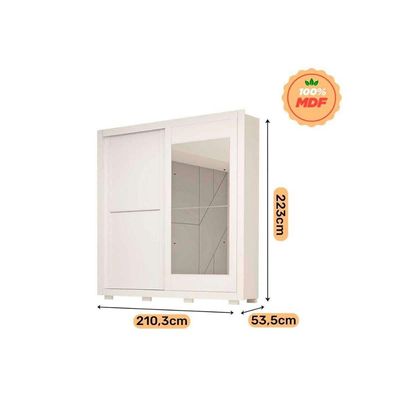 Guarda Roupa Casal 2 Portas de Correr e 3 Gavetas c/ Espelho Nicole Branco - ACP