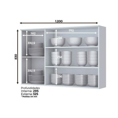 Armário Aéreo p/ Cozinha Americana 3 Portas de Vidro (2 c/ Vidro) 120cm Cinza - Henn