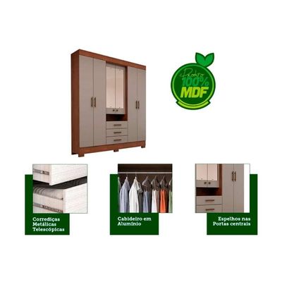 Guarda Roupa Solteiro Débora 6 Portas e 3 Gavetas c/ Espelho Branco - ACP