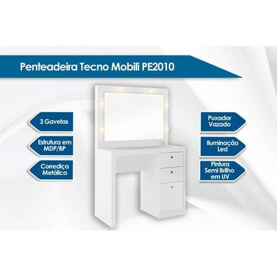 Penteadeira PE-2010 c/ 3 Gavetas e Espelho Branco - Tecno Mobili