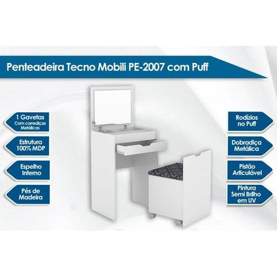 Penteadeira PE-2007 c/ 1 Gaveta e Puff Branco - Tecno Mobili