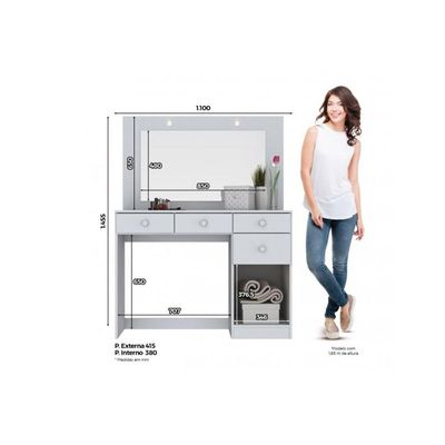 Penteadeira Chanel 1 Porta e 4 Gavetas c/ Espelho Branco - Henn