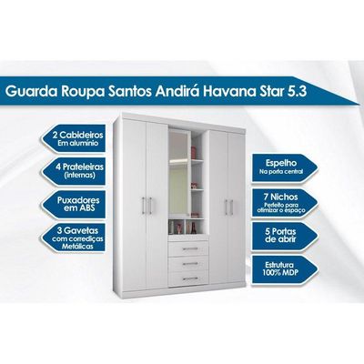 Guarda Roupa Solteiro 5 Portas e 3 Gavetas Havana Star 5.3 Atacama - Santos Andirá