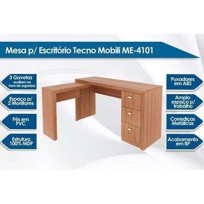 Mesa de Escritório ME4101 c/ 3 Gavetas Nogal - Tecno Mobili