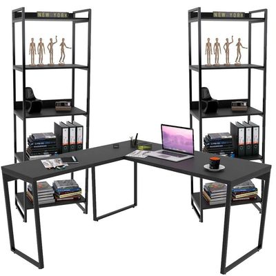 Kit Mesa Para Escritório Em L Com 2 Estantes Preto