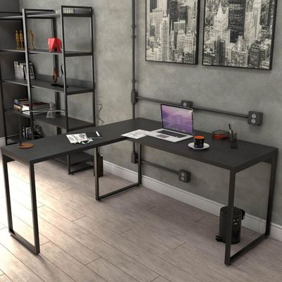 Kit Mesa Para Escritório Em L Com 2 Estantes Preto