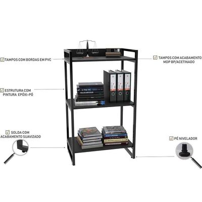Kit Mesa Para Escritório Com Estante 90 Cm Preto Onix