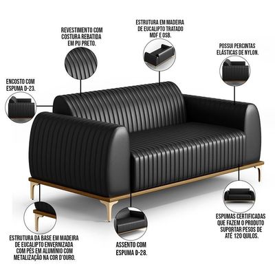 Kit Sofá 3 Lugares 180Cm Com Poltrona Molino Preto B-159