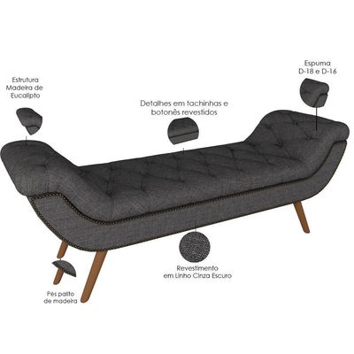 Puff Recamier Decorativo Com Tachas 160 Cm Santorini P05 Linho Cinza Escuro - Lyam Decor