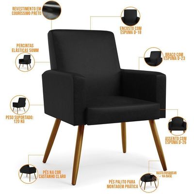 Kit 02 Poltronas Decorativa Para Sala De Estar Maria W01 Pés Palito Couríssimo Preto