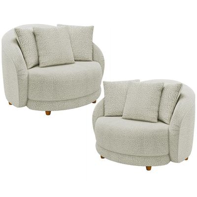 Kit 02 Poltronas Decorativa Sala De Estar Base Fixa De Madeira Witta M03 Bouclê Bege Claro