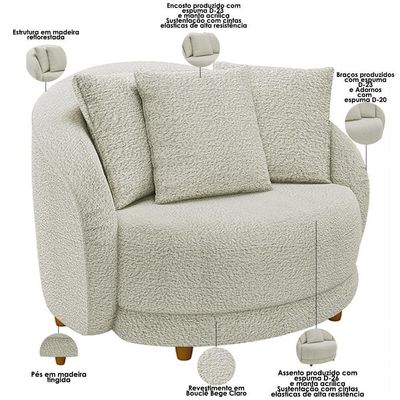 Kit 02 Poltronas Decorativa Sala De Estar Base Fixa De Madeira Witta M03 Bouclê Bege Claro