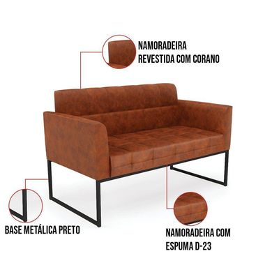 Kit 1 Sofá Namoradeira E 2 Poltronas Elisa Corano Nozes Base Metálica Industrial Preto - D'rossi