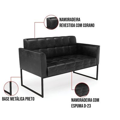 Kit 1 Sofá Namoradeira E 1 Poltrona Elisa Corano Preto Base Metálica Industrial Preto - D'rossi
