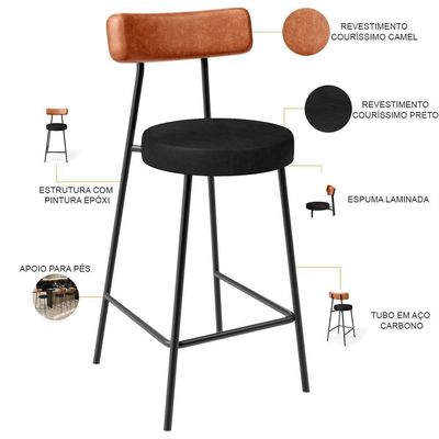Banqueta Baixa Cozinha Sala Jantar Bancada Milão L02 Couríssimo Camel Preto